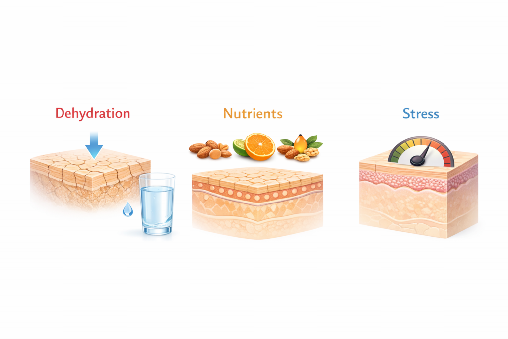 Despite the potential intermittent fasting skin benefits, it may cause issues if poorly managed:

Dehydration

Not drinking enough water can cause dryness and dullness.

Nutrient Deficiency

If eating windows lack essential vitamins (A, C, E, zinc, omega-3), skin health may suffer.

Increased Stress Hormones

Excessive fasting can raise cortisol in some individuals, potentially triggering breakouts. Balance and proper nutrition are essential.