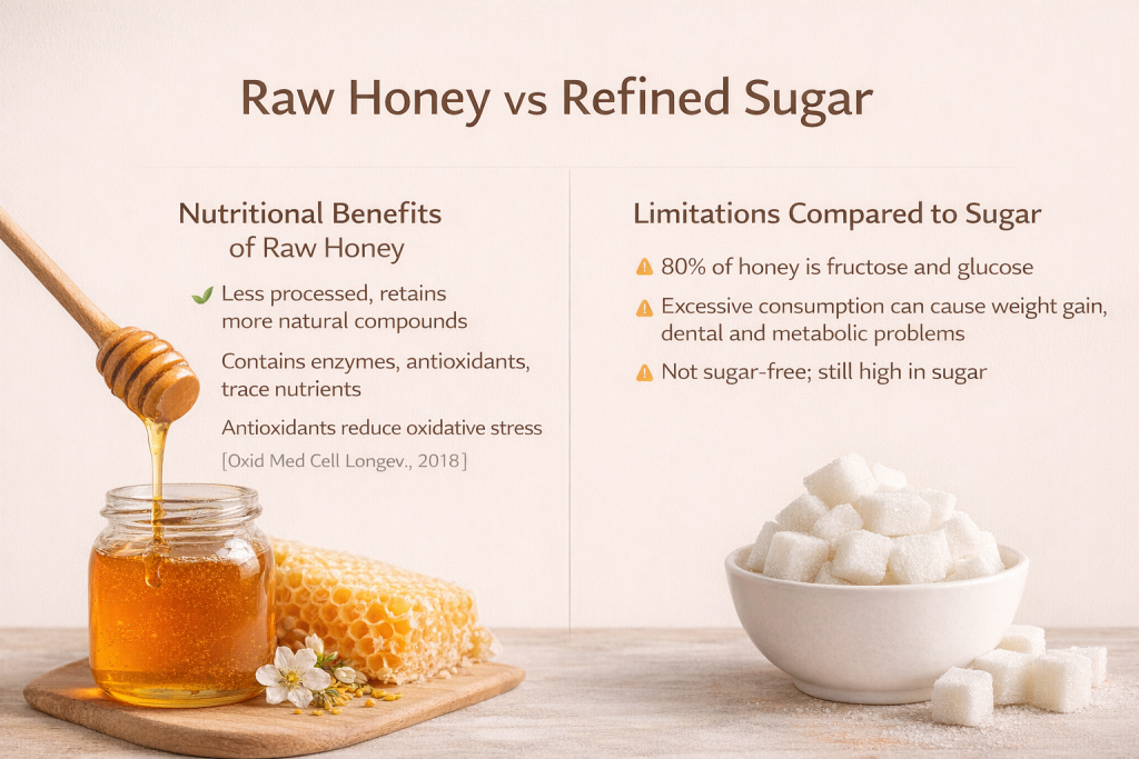Raw honey is often considered healthier than refined sugar because it is less processed and retains more natural compounds. Raw honey may contain enzymes, antioxidants and trace nutrients that are often destroyed during heavy processing or pasteurization.

Studies suggest that honey’s antioxidants may help reduce oxidative stress and inflammation. According to research published in Oxidative Medicine and Cellular Longevity, honey contains antioxidant compounds that may support immune function and overall health (source).

Limitations Compared to Sugar
While raw honey may offer slight nutritional advantages, it is still primarily composed of sugars. Approximately 80% of honey consists of carbohydrates, mostly fructose and glucose. This means that excessive consumption can still contribute to weight gain, dental problems, and metabolic issues.
Therefore, although raw honey may be a more natural option than refined sugar, it should not be considered a completely healthy or sugar-free alternative.