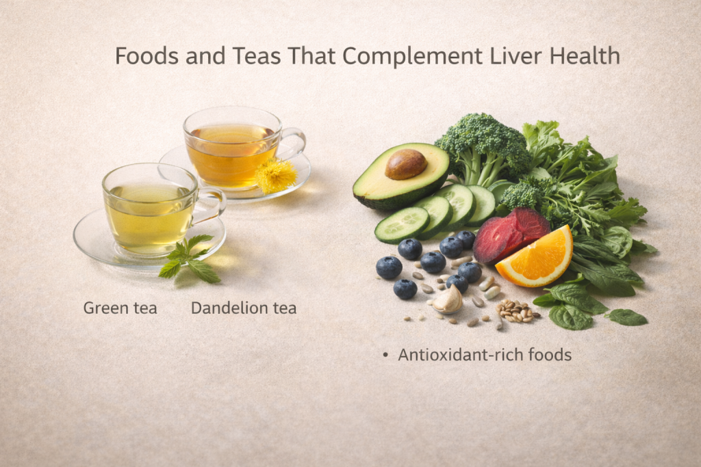 In addition to herbs, diet plays a critical role in maintaining liver health. Many people search for the best foods for liver repair or wonder which fruit is best for liver health.

Foods rich in antioxidants and fiber are particularly beneficial. Leafy green vegetables, berries, citrus fruits, and beetroot contain nutrients that support detoxification pathways. Beetroot, for example, contains betalains that may help reduce inflammation and oxidative stress in the liver.

Certain herbal teas, such as green tea or dandelion tea, are also commonly used for liver support. These teas contain plant compounds that may support digestion and antioxidant activity.