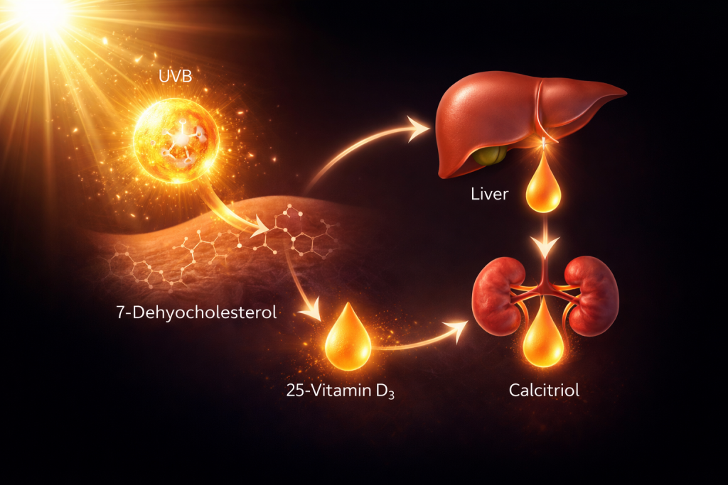 Vitamin D synthesis begins when ultraviolet B (UVB) radiation from sunlight converts 7-dehydrocholesterol in the skin into pre-vitamin D₃. This compound is transported to the liver and converted into 25-hydroxyvitamin D, the main circulating form. A second activation step occurs in the kidneys, producing calcitriol — the biologically active hormone.