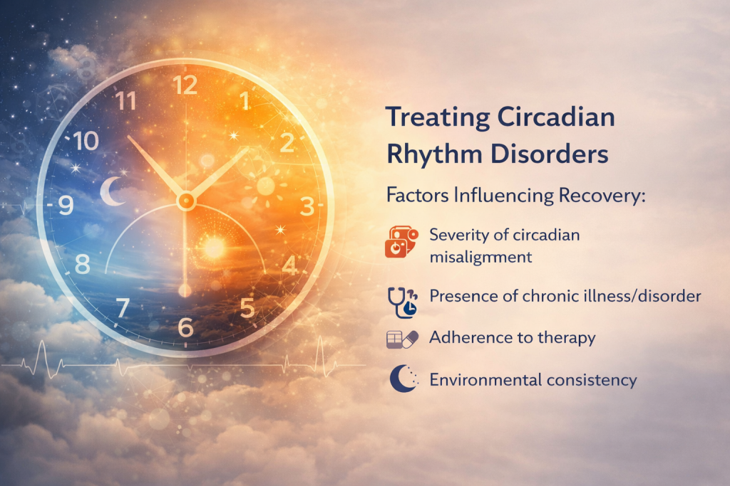 A common question is: can circadian rhythm disorders be treated? The answer is yes—especially when interventions are consistent and personalized, like
Severity of circadian misalignment
Presence of chronic illness disorder
Adherence to therapy
Environmental consistency