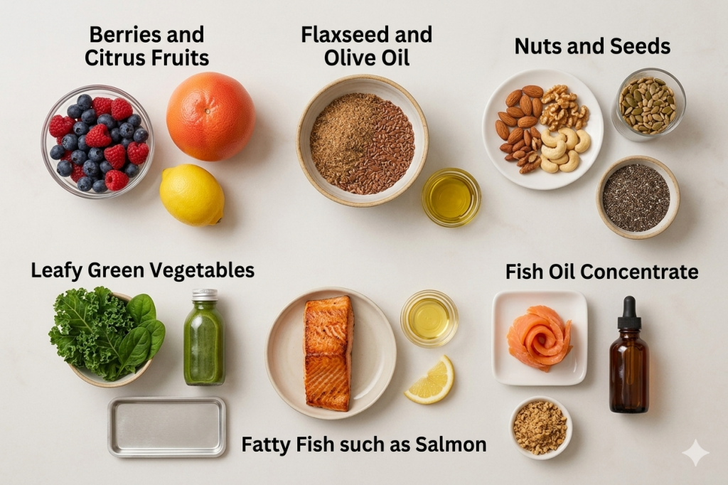 Leafy green vegetables
Berries and citrus fruits
Nuts and seeds
Fatty fish such as salmon
Flaxseed and olive oil